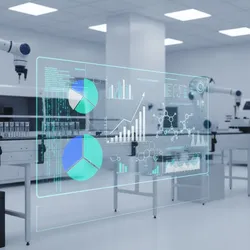 Abstract visualization of a clinical laboratory with robotic automation and a holographic dashboard showing financial data, symbolizing cost control and reimbursement optimization in diagnostics.