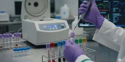 Laboratory technician handling blood sample, maintaining sample integrity for accurate diagnostic testing.