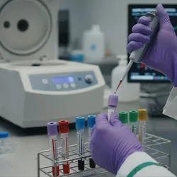 Laboratory technician handling blood sample, maintaining sample integrity for accurate diagnostic testing.