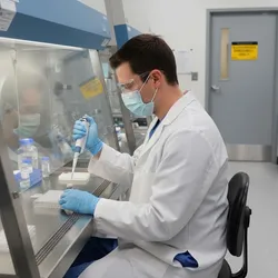 Clinical diagnostics lab safety: Professional in PPE uses biological safety cabinet for biosafety level 2 procedures.