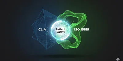 Abstract synergy of CLIA and ISO 15189 standards, glowing sphere representing patient safety, conceptual medical laboratory quality management system