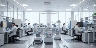 Modern clinical laboratory interior with automation, lab professionals, and ergonomic design