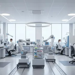Modern clinical laboratory interior with automation, lab professionals, and ergonomic design