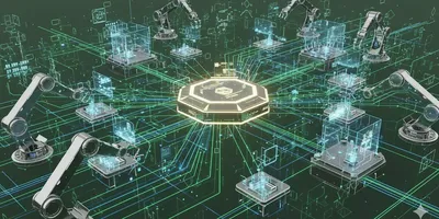 Abstract visualization of Total Laboratory Automation (TLA) and LIMS data flow in a clinical lab, showing interconnected glowing pathways and robotics.