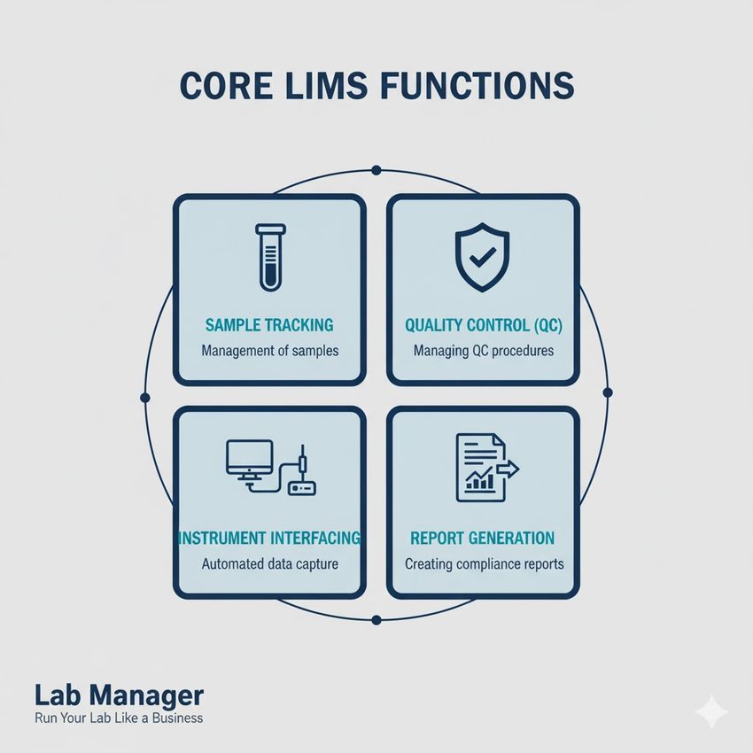 Infographic titled "Core LIMS Functions" showing four key areas in a 2x2 grid.