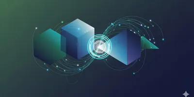 Abstract digital art representing multidisciplinary biological lab integration, featuring interconnected geometric shapes, data streams, and central leadership, in green and blue.