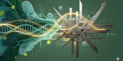 Abstract digital art illustrating the intersection of biological and financial principles, with glowing DNA helixes and cellular structures on one side, and financial bar graphs and circuit board patterns on the other, linked by bright light trails, symbolizing research funding and scientific investment.