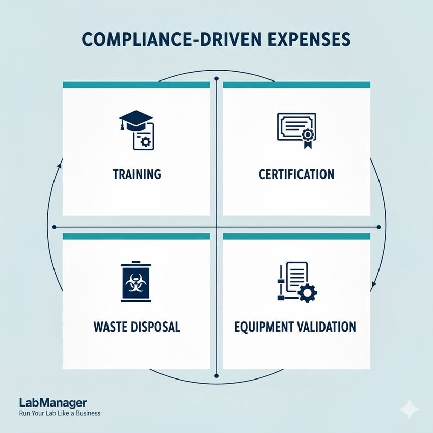 Infographic showing four categories of compliance-driven laboratory expenses: training, certification, waste disposal, and equipment validation.