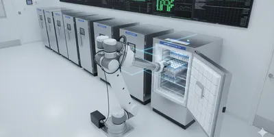 Robotic arm precisely placing 2D barcoded cryogenic vials into an ultra-low temperature freezer, symbolizing automated sample management and LIMS tracking in a biorepository.