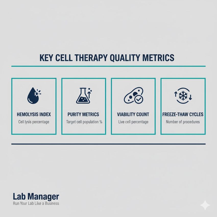 Infographic summarizing the four key cell therapy quality metrics: Hemolysis Index, Purity Metrics, Viability Count, and Freeze-Thaw Cycles, with corresponding vector icons and brief descriptions.