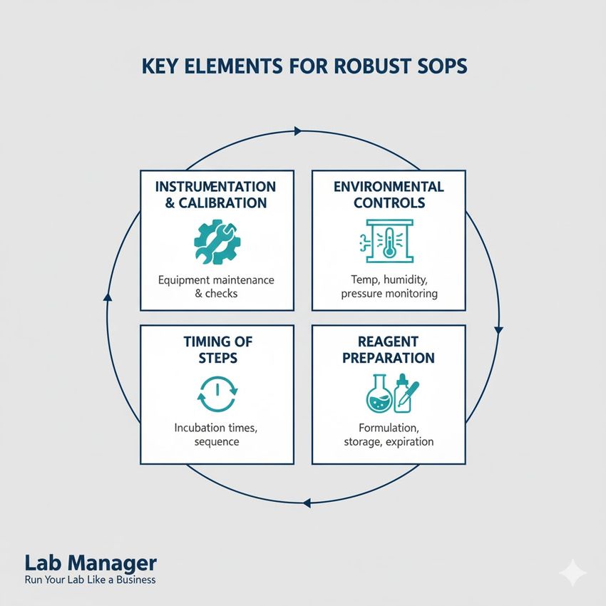 Infographic outlining the four key elements for creating robust Standard Operating Procedures (SOPs) in a laboratory setting.