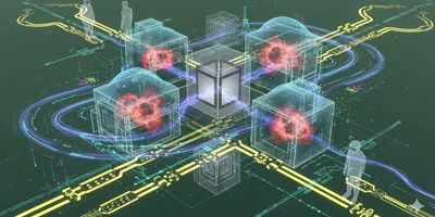 Abstract illustration of biological safety level (BSL) laboratory containment. Transparent cubes enclose glowing red biological hazards. Blue airflow lines and yellow circuit patterns represent engineering controls, negative pressure, and HEPA filtration. Silhouettes of laboratory personnel are present.