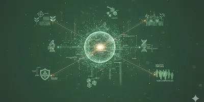 An abstract digital illustration with a central glowing sphere surrounded by interconnected icons representing various aspects of agricultural R&D lab management, including strategic planning, quality assurance, data management, and regulatory compliance, all linked by a green network on a dark background.