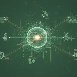 An abstract digital illustration with a central glowing sphere surrounded by interconnected icons representing various aspects of agricultural R&D lab management, including strategic planning, quality assurance, data management, and regulatory compliance, all linked by a green network on a dark background.