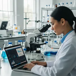 A laboratory technician in a white lab coat uses a laptop with data dashboards while seated at a lab bench surrounded by microscopes, flasks, and test tubes; illustrating the role of SaaS and cloud computing in modern lab operations.