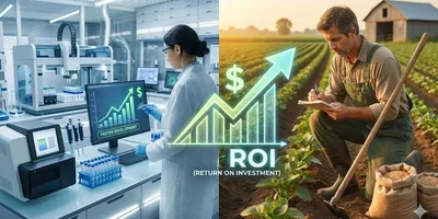 A split-image comparison showing a scientist in a modern agricultural biotechnology lab with advanced equipment on the left, and a farmer in a traditional field with manual tools on the right, both linked by a large, glowing financial graph with a rising arrow, a dollar sign, and the text "ROI (RETURN ON INVESTMENT)" and "FASTER DEVELOPMENT" on the lab's screen.
