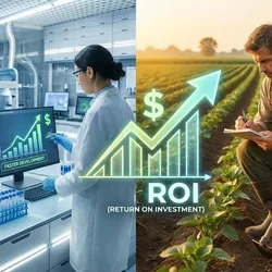 A split-image comparison showing a scientist in a modern agricultural biotechnology lab with advanced equipment on the left, and a farmer in a traditional field with manual tools on the right, both linked by a large, glowing financial graph with a rising arrow, a dollar sign, and the text "ROI (RETURN ON INVESTMENT)" and "FASTER DEVELOPMENT" on the lab's screen.