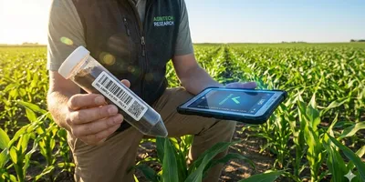 Agricultural field technician scanning barcoded soil sample with tablet for LIMS integration and digital chain of custody