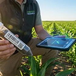 Agricultural field technician scanning barcoded soil sample with tablet for LIMS integration and digital chain of custody