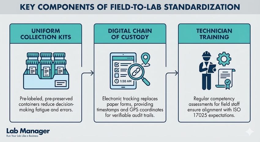 Infographic showing the key components of field-to-lab standardization.