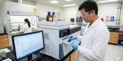 Agricultural laboratory scientist loads samples into LC-MS instrument for pesticide residue analysis with colleague in fume hood.