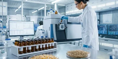 Scientist performing pesticide residue testing using LC-MS/MS equipment in a modern agricultural laboratory for food safety compliance.