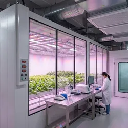 Modern agricultural research laboratory with scientists, controlled environment plant growth chamber, and LED lighting systems.