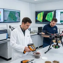 Modern agricultural laboratory with scientists using a drone, handheld soil analyzer, and remote sensing data on monitors for soil testing.