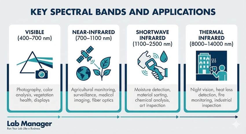A Lab Manager infographic titled "Key Spectral Bands and Applications" featuring four vertical columns. A Lab Manager infographic titled "Key Spectral Bands and Applications" featuring four vertical columns.