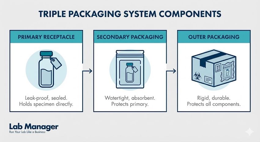 A professional infographic titled "Triple Packaging System Components" by Lab Manager.