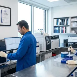 Scientists in an ISO/IEC 17025 accredited forensic laboratory using analytical instruments.