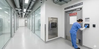 Secure forensic laboratory interior showing biometric access control to a restricted DNA extraction zone and pass-through evidence lockers for chain of custody.