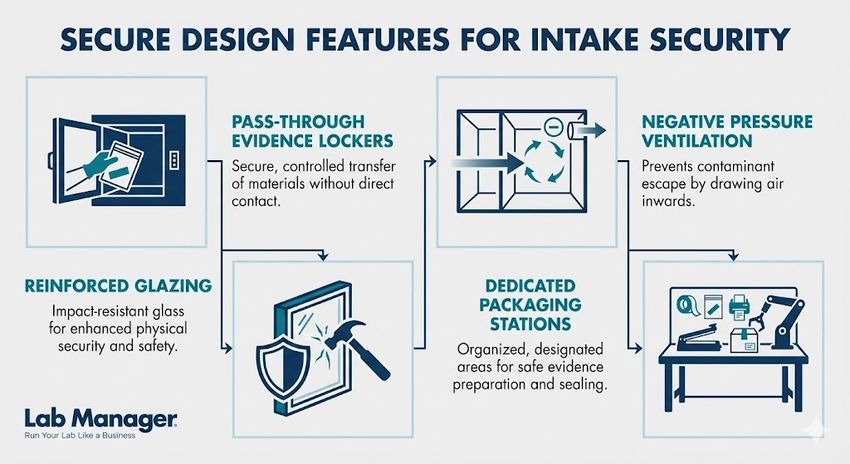 An infographic titled "Secure Design Features for Intake Security" by Lab Manager. An infographic titled "Secure Design Features for Intake Security" by Lab Manager.