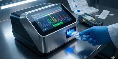 Portable Rapid DNA kit instrument analyzing a sample cartridge with digital electropherogram display.