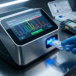 Portable Rapid DNA kit instrument analyzing a sample cartridge with digital electropherogram display.
