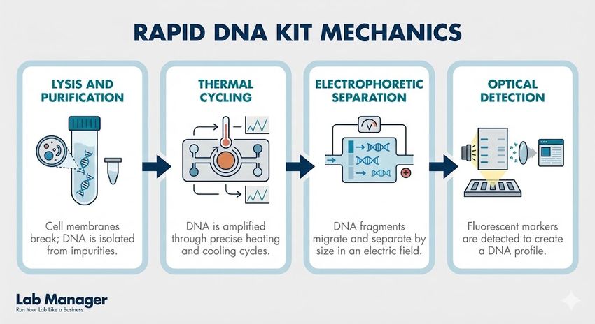A horizontal infographic titled "Rapid DNA Kit Mechanics" by Lab Manager. It illustrates a four-step workflow using flat vector icons and teal accents. A horizontal infographic titled "Rapid DNA Kit Mechanics" by Lab Manager. It illustrates a four-step workflow using flat vector icons and teal accents.