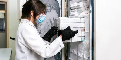 Scientist grabbing a row of sample boxes from a cold storage freezer