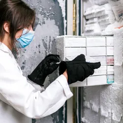 Scientist grabbing a row of sample boxes from a cold storage freezer