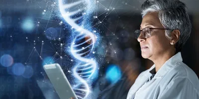 Scientist using AI tools for research in life sciences