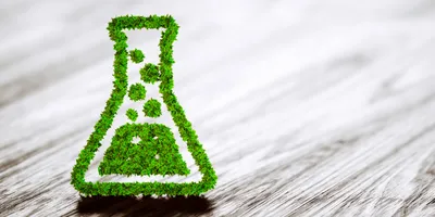 Lab flask made of greenery highlighting green lab certification