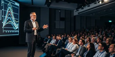 a scientist speaking to an audience demostarting good public speaking techniques