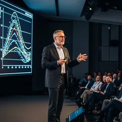 a scientist speaking to an audience demostarting good public speaking techniques