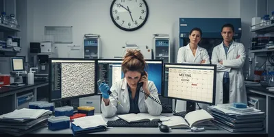 A documentary-style photograph of a chaotic modern science laboratory. A stressed female lab manager with dishevelled hair is overwhelmed, sitting at a desk buried under piles of paperwork and open notebooks illustrating the significance of time managment and time wasters in the lab