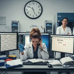 A documentary-style photograph of a chaotic modern science laboratory. A stressed female lab manager with dishevelled hair is overwhelmed, sitting at a desk buried under piles of paperwork and open notebooks illustrating the significance of time managment and time wasters in the lab