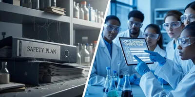 A split-screen comparison image of a chemistry laboratory safety concept. On the left side, a dusty, cobweb-covered binder labeled "Safety Plan" sits ignored on a cluttered shelf in a dimly lit, disorganized lab. On the right side, a bright, modern, and clean laboratory scene shows a diverse group of scientists wearing proper PPE (goggles, coats) actively pointing at a digital tablet displaying a checklist labeled "Active Chemical Hygiene Plan." The lighting on the right is cool blue and white, symbolizing compliance and safety.