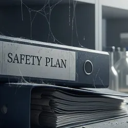 A split-screen comparison image of a chemistry laboratory safety concept. On the left side, a dusty, cobweb-covered binder labeled "Safety Plan" sits ignored on a cluttered shelf in a dimly lit, disorganized lab. On the right side, a bright, modern, and clean laboratory scene shows a diverse group of scientists wearing proper PPE (goggles, coats) actively pointing at a digital tablet displaying a checklist labeled "Active Chemical Hygiene Plan." The lighting on the right is cool blue and white, symbolizing compliance and safety.