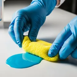 A cinematic, close-up photography shot of a pair of gloved hands (wearing heavy-duty blue carefully placing a bright yellow absorbent "spill sock" around a chemical spill of vibrant blue liquid on a white laboratory bench.