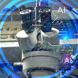 Microscope with AI-themed graphics showcasing lab equipment utilization