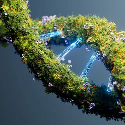 A green, floral representation of DNA, symbolizing sustainable clinical trials.