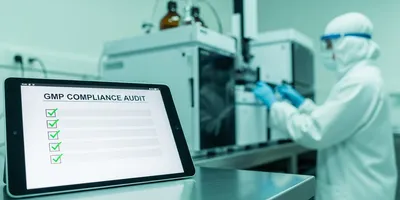 A professional, split-depth photography shot in a high-tech pharmaceutical laboratory. In the foreground, a focus-stacked view of a digital tablet displaying a "GMP COMPLIANCE AUDIT" checklist with green checkmarks, resting on a clean stainless steel surface. In the background, slightly out of focus, a scientist in full sterile PPE is interacting with a complex liquid chromatography instrument. The lighting is clinical, bright white and teal, emphasizing precision, cleanliness, and regulatory control.